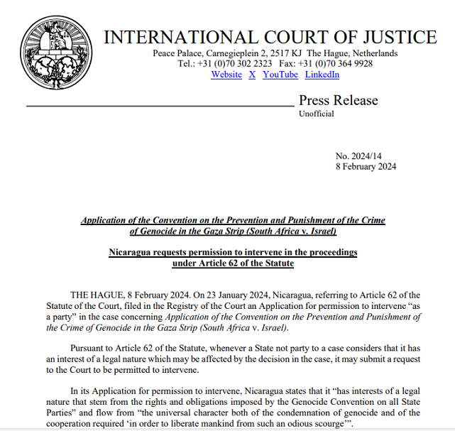 Nicaragua Solidarity Coalition 2.13.2024: Nicaragua First to Formally Apply to Join the ICJ Israel Genocide Case; The “Human Rights” Industry and Nicaragua